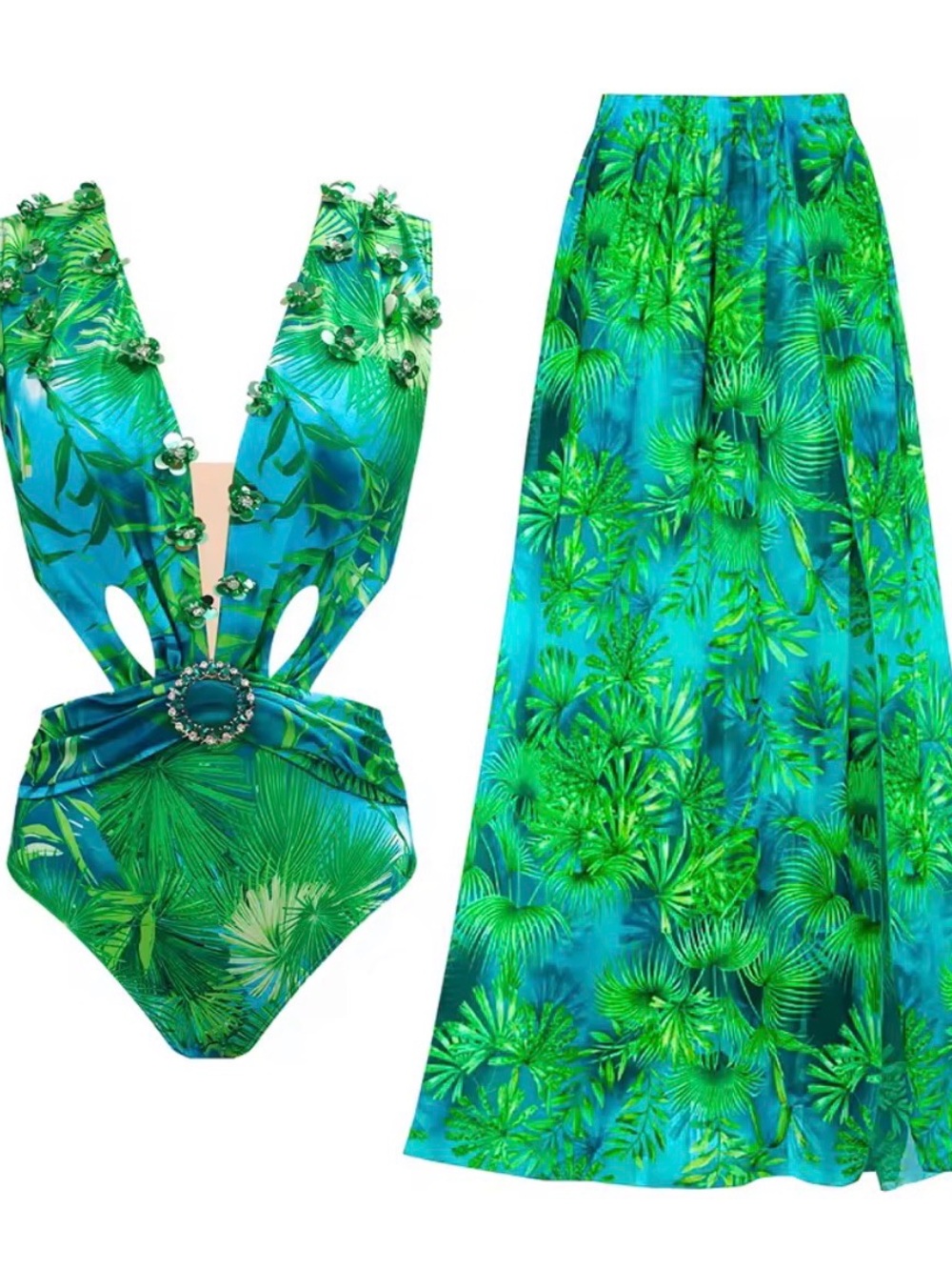 Green Tropical Print Women’s One-Piece Swimsuit with Cover-Up